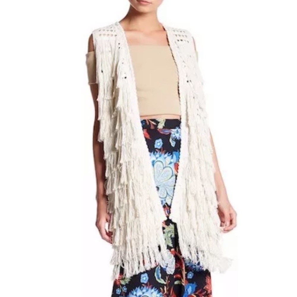 Alice + Olivia Weiss Silk Blend Fringe Vest